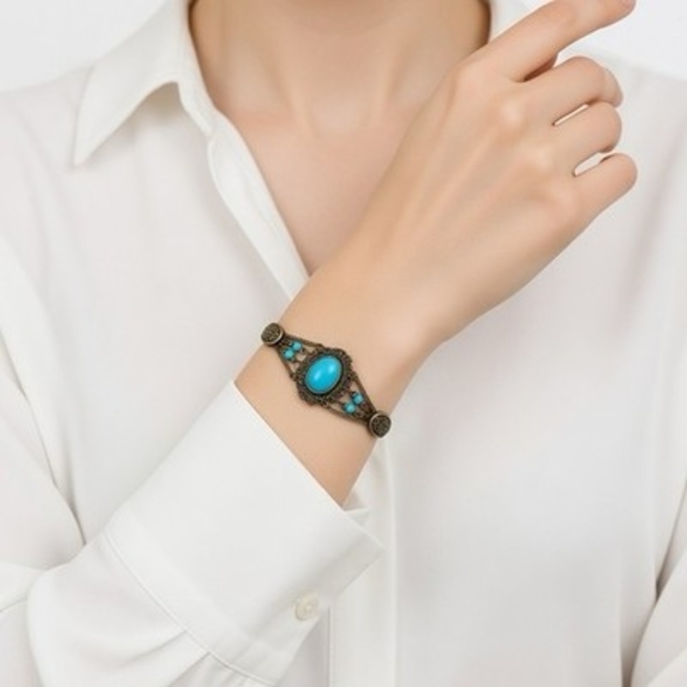 Vintage Silver Tone Faux Turquoise Cabochon Link Bracelet Women's VG
